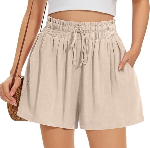 UEU Womens Linen Casual Shorts Summer Ruffle High Waisted Wide Leg Drawstring Beach Pleated Lounge Short with Pockets