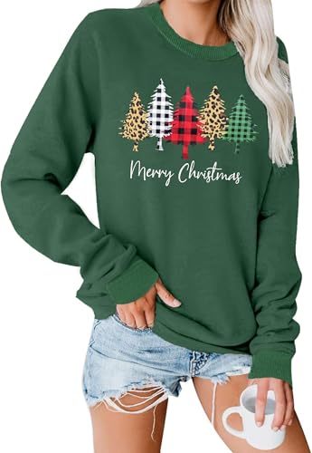 Image of hohololo Merry Christmas Sweatshirts Women Xmas Shirt Christmas Tree Graphics Long Sleeve Holiday Long Sleeve Pullover Top (Green-b,S)