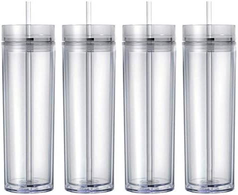 Maars Drinkware Double Wall Insulated Skinny Acrylic Tumblers with Straw and Lid, 16 oz. (4 pack, Clear)