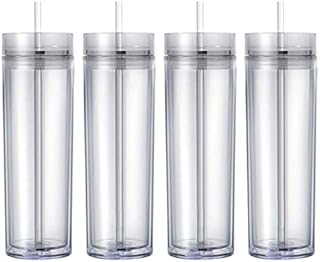 Maars Drinkware Double Wall Insulated Skinny Acrylic Tumblers with Straw and Lid, 16 oz. (4 pack, Clear)