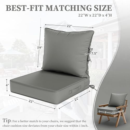 Kimunuk Outdoor Seat Cushion Set 22 L × 22 W × 4 H Inch Waterproof & Fade Resistant Patio Furniture Cushions with Removable Cover with Handle and Straps for Sofa Chairs, Chairs, Light Grey by Kimunuk - Used condition - Image 3