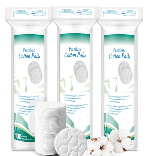 Premium Cotton Rounds, Makeup Remover Pads, Pure & Natural Facial Cleansing Round Pads, Lint-Free (3 PACK, 300 Count)