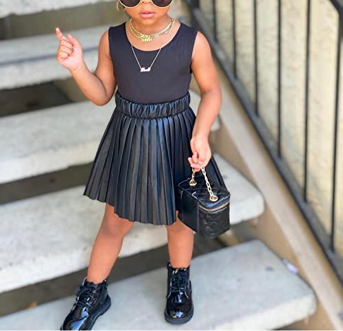 Visgogo Kids Baby Girls Shorts Skirts Outfits Solid Pu Leather Ruffles High Waist Mini Skirts #TOP2