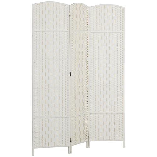 HOMCOM Room Divider, 3 Panel Folding Privacy Screen, 6FT Tall Portable Wicker Weave Partition Wall Divider for Bedroom, Home Office, White