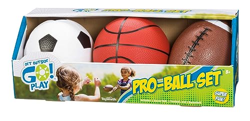 Toysmith Get Outside GO! Pro-Ball Set (Pack of 3) – Small Toddler Sports Balls for Ages 3+ – Includes 5″ Soccer, 6.5″ Football & 5″ Basketball – Indoor or Outdoor Play, Backyard Toy & Gift for Kids by Toysmith - Used condition - US$12.41