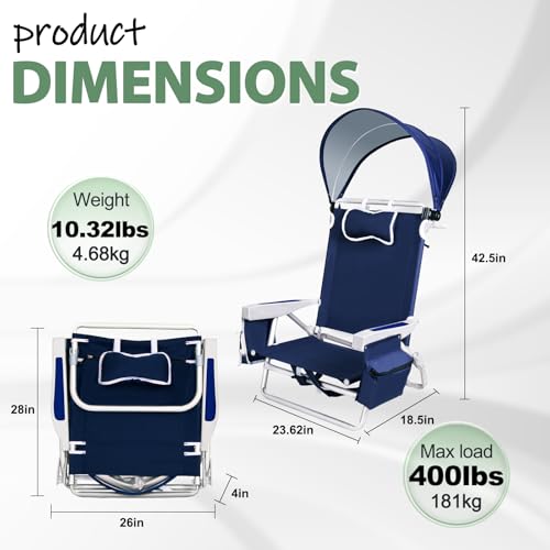 Image of Romswi Extra Wide Beach Chair with Canopy Shade, 2 Pack Aluminum Folding Chairs with Detachable & Adjustable Umbrella, 5-Position Lay Flat, Cooler Bag, Cup & Phone Holder, Towel Bar, Navy Blue