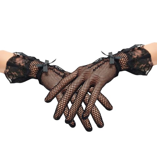 Bridal Gloves Knitted Mesh Lace Gloves Women Short Floral Gloves for Wedding Opera Tea Party Evening Dress Gloves (Black)
