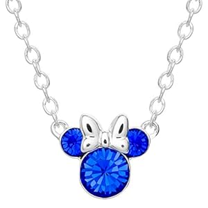 Disney Minnie Mouse Birthstone Jewelry, September Birth Month Pendant Necklace, Silver Plated, Sapphire Blue Crystal