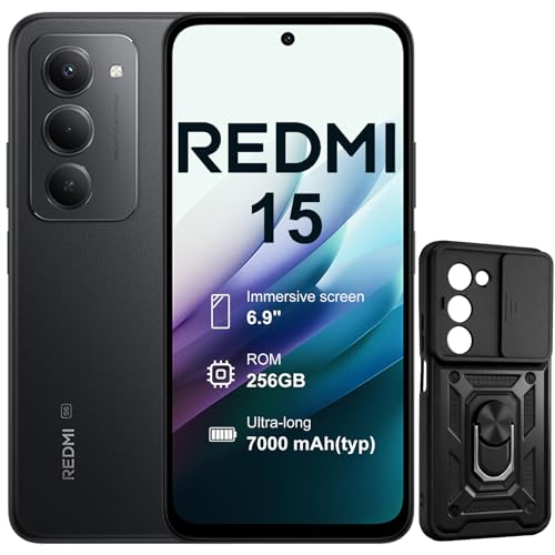 XIAOMI Redmi 15 5G 8+256GB Smartphone – Batería 7000mAh | Pantalla 6.9″ FHD+ 144Hz | Snapdragon 6s Gen | Cámara Dual 50MP | Carga Rápida 33W | Diseño Quad-Curve | con Funda (Negro)