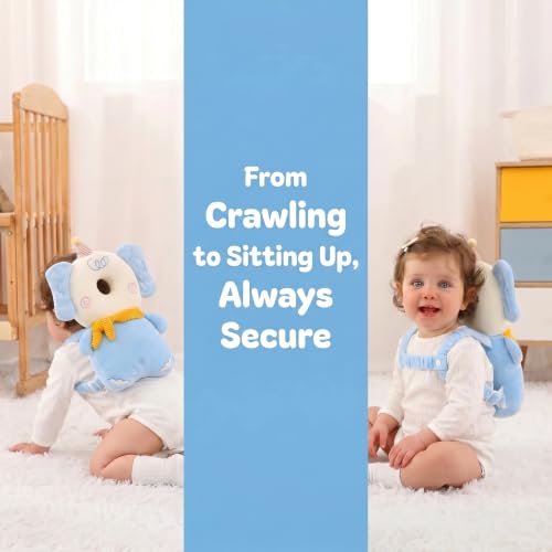 Image of Baby Head Protector Backpack - Soft & Lightweight Fall Cushion Backpack for Toddlers Walking and Crawling(Blue Elephant)