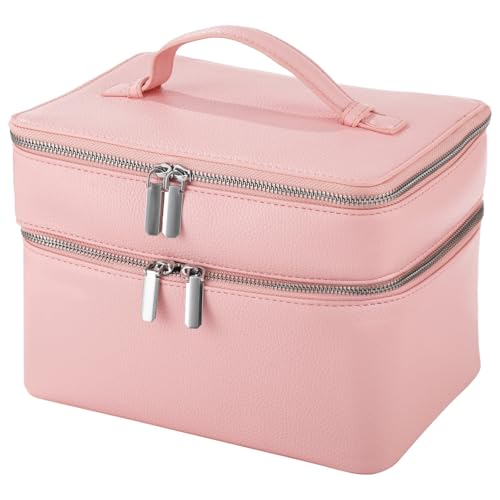 Makeup Vanity Bag for Women - Large Capacity Cosmetic Organizer with Removable Liner, Waterproof PU Leather Skincare Bag, Portable Chic Cosmetic Make Up Case for Skincare, Accessories,StyleC, Pink