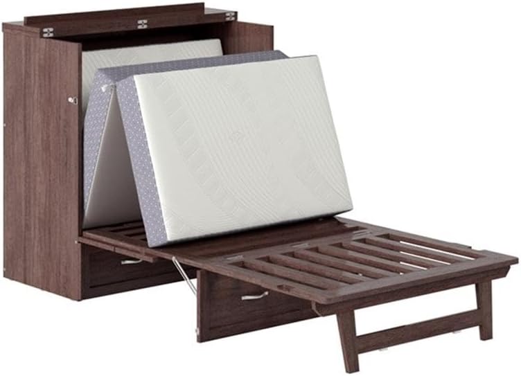 Pemberly Row Twin XL Solid Wood Murphy Bed Chest, Burnt Amber Finish, Includes Gel-Infused Memory Foam Mattress, Built-in USB Charger, Space-Saving Design with Storage Drawer for Bedroom or Guest
