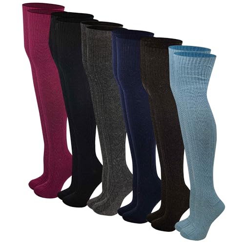 SUMONA 6 pairs Women Wool Cable Knit Knee High/Thigh High/Crew Winter Boot Socks 9-11 (6 Pairs Over Knee High, 9-11)