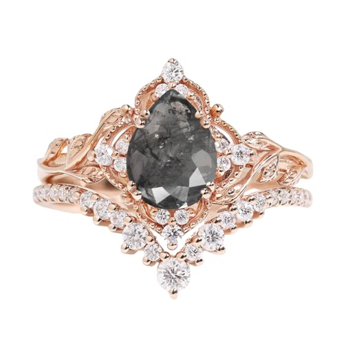 Pear Shape Salt and Pepper Diamond Engagement Rings 10K 14K 18K Gold Salt and Pepper Diamond Wedding Ring Set Bridal Set 2pcs Leaf Inspired V Shaped Wedding Band Anniversary Promise Rings