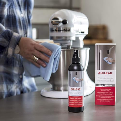 ALCLEAR 721ER Edelstahlreiniger Set + Mikrofasertuch - Reiniger für Edelstahlflächen, streifenfrei fettlösend für Küche, Kühlschrankfront, Dunstabzug & mehr – Reinigung ohne Politur – Made in Germany