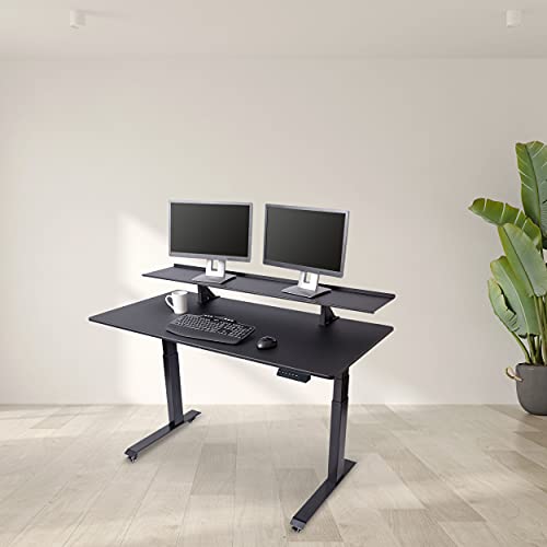 Stand Up Desk Store Split Top Electric Adjustable Height Standing Desk With Monitor Shelf (Black Frame/Matte Black Top, 60" Wide) #TOP2