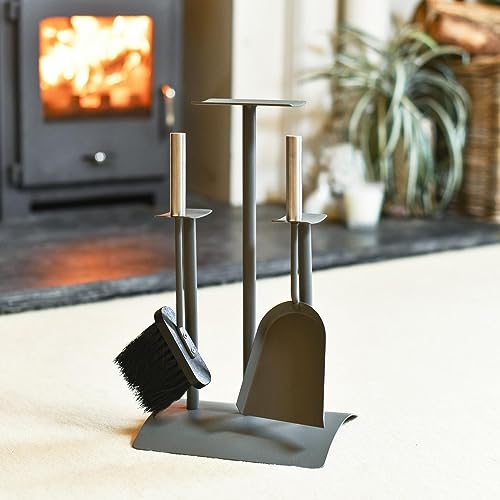 Image of Grey Contemporary "Podium" Two Piece Fireplace Accessories Companion Set - Fireside Tools with Brush and Pan - Elegant and Functional Fireside Companion Set for Fire Log Burner