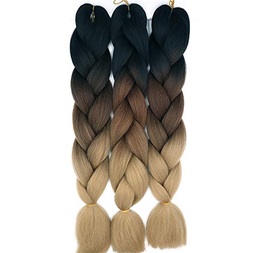 Cybelleza 24" Braiding Hair Extension Jumbo Braids Synthetic 3bundles/pack Kanekalon Crochet Hair Afro Box Braid Heat Resistent (Black&Dark Brown&Light Brown)