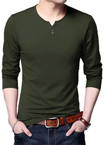 Aiyino básica Henly Shirt Camisetas Cuello Panadero Manga Larga Algodon Hombre m Ejercito Verde Cover