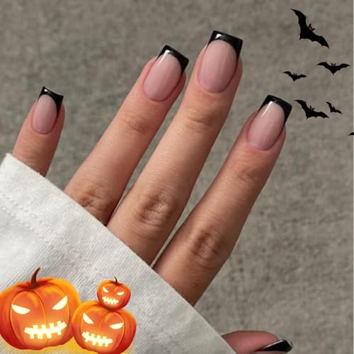 Modelones Black French Tip Press on Nails Short, Fall Halloween Square Fake Nails, Reusable Nail Kit with Nail Glue Adhesive Tabs Mini Nail File, Nails Press Ons 32Pcs 16Sizes, Women Girl Gift