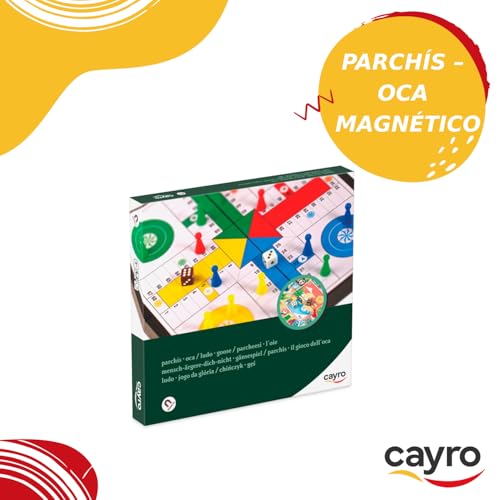 Cayro - Parcheesi - Magnetische Gans - 2 in 1 - Tragbares Brettspiel mit magnetischen Chips für unterwegs - Leicht zu transportieren - Lernspiel für Kinder und Erwachsene - Inklusive Chips und Würfel
