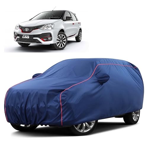 Image of Sulfar 100% Water Resistant Car Body Cover Compatible with Mirror for Toyota Etios Liva (Triple Stitched, Full Bottom Elastic, Blue Taffeta with Red Piping)