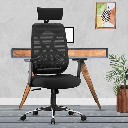 beAAtho Dusk Ergonomic High Back Office Chair 2D Adjustable Arm, Headrest, Lumbar Support, Metal Base Revolving Mesh Chair - Home & Office | 3 Years Warranty