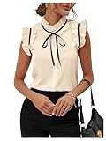 BEAUDRM Women's Work Office Blouse Elegant Bow Tie Neck Ruffle Trim Vintage Blouse Business Casual Shirt Top Solid Apricot Large