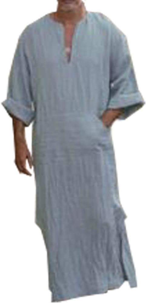 HuatengMen's Casual Ethnic Muslim Thobe,Linen Kaftan Middle East Saudi Arabic Robes Dresses with Pockets Light Grey