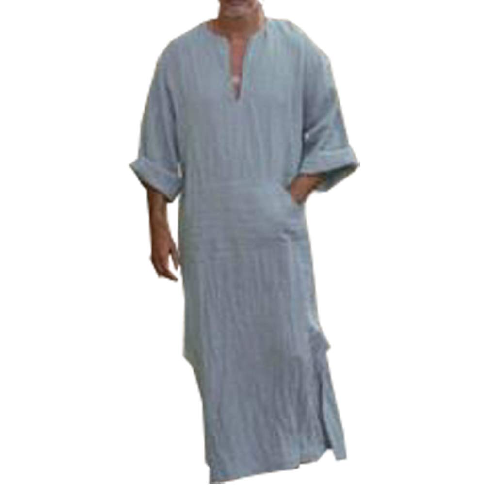HuatengMen's Casual Ethnic Muslim Thobe,Linen Kaftan Middle East Saudi Arabic Robes Dresses with Pockets Light Grey
