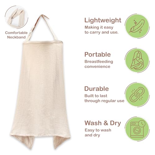 Organic Cotton Nursing Cover, Muslin Breastfeeding Cover 43 x 28 inches, Breathable Nursing Cover Up for Breastfeeding, Multi-Purpose Breast Feeding Covers for Women (Ivory)