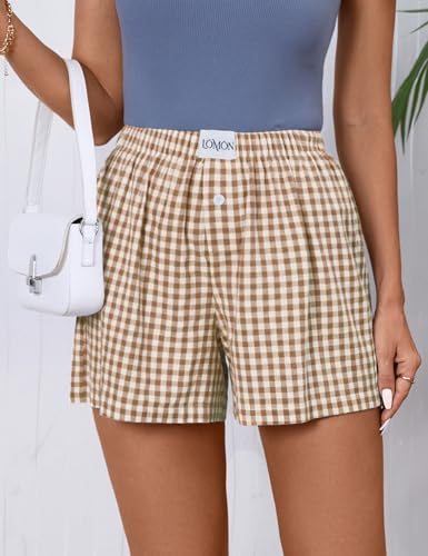 Image of LOMON Womens Boxer Shorts Casual Summer 2026 Pajama Lounge Sleep Pj Gingham Plaid Shorts Y2K Beach Bottoms