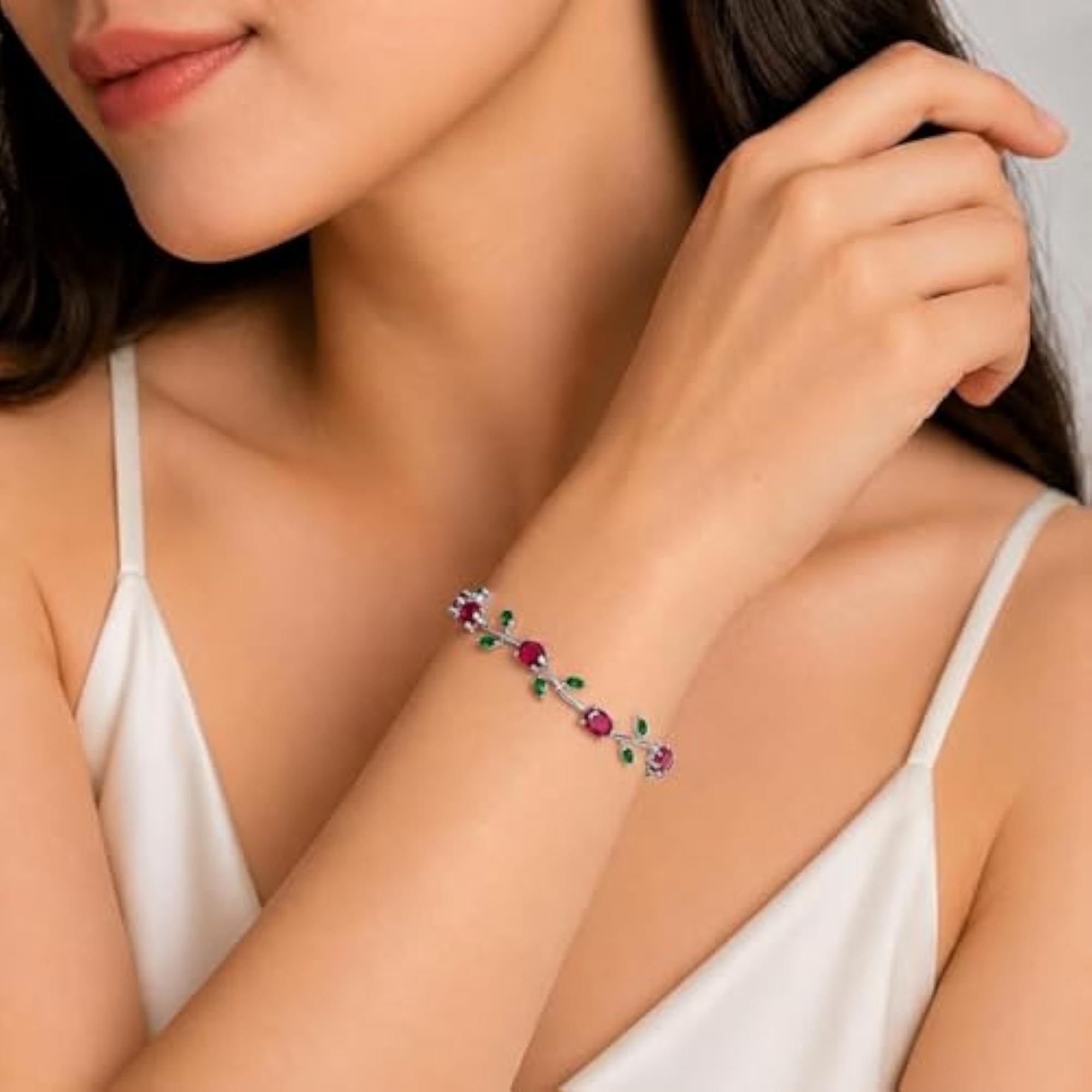 Women's Tulip Bracelet for Red Gemstone Vine, Dainty Adjustable Chain