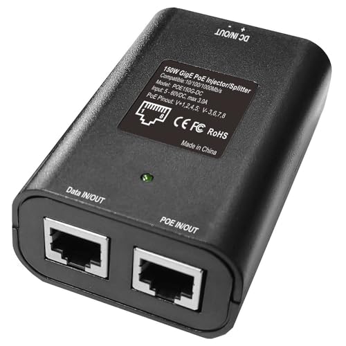Gigabit DC PoE Injector | 12V 24V 48V (5-60V) DC Input | Max 3A 150W High Power 4 Pair Passive PoE Injector/Splitter, Compatible with Tycon Systems POE-INJ-1000-WT, POEINJ1000WT