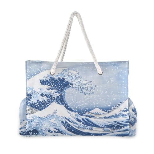 Sea Waves Beach Bag & Travel Tote Bag Large Sandproof with Zipper Closure, Wet Pouch for Swim Gym Travel, Lightweight Foldable Outdoor Bag2