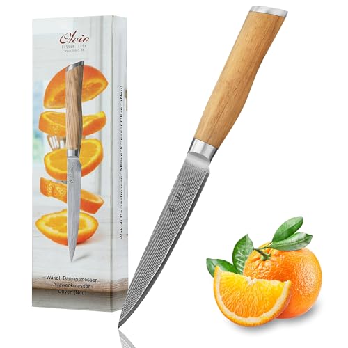Wakoli Olive Coltello IN Acciaio Damasco Coltello Universale, Lama 12,50 CM - Molto Prezioso Professionale Coltelli Con Legno Ulivo E Damasco Lama, Damastküchenmesser