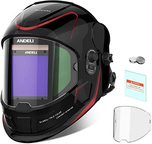 ANDELI Welding Helmet,3.94"X3.74" Large View Welding Helmet Auto Darkening True Color,Solar/Battery Power Welding Hood With 4 Arc Sensor,Cool Welding Mask DIN5-8/DIN9-13 for TIG MIG ARC (Red Cat)