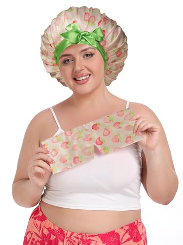 Vettres Pleated Silk Sleeping Bonnet with Eye Mask Double Layer Satin Hair Bonnets Sleep Cap for Curly Natural Hair Pink Green Strawberries — view 4