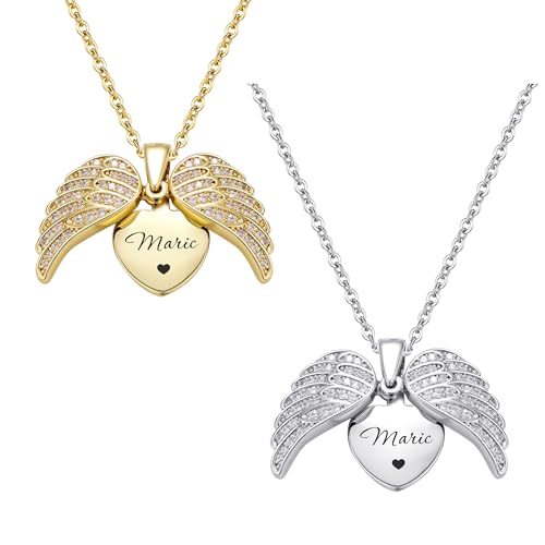 GROBTE Personalized Angel Wings Necklace, Engraved Name Necklace Guardian Angel