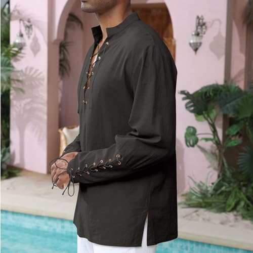 Image of CTU Men's Cotton Shirt Pirate Shirt Medieval Viking Renaissance Costume | V-Neck,Drawstring Collar,Linen Tunic,Ren Faire,Plus Size,Goth,Big and Tall,Halloween