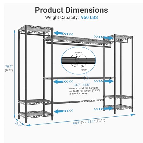 VIPEK-X30-Expandable-Clothes-Rack-Adjustable-from-5-to-611-950lbs-Capacity-Heavy-Duty-Portable-Closet-Wardrobe-with-4-Hanger-Rods-7-Wire-Shelves-Metal-Closet-System-for-Reach-in-Closet-Black
