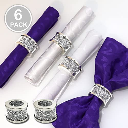 Stylishia Silver Diamond Glass Napkin Holder Stainless Steel Framed Crystal Silver Napkin Rings Set Of 6 Pieces, Glam Serviette Buckles Cloth Holder Bling Crushed Diamond Table Settings Home Decor #TOP3