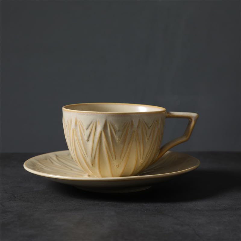 Embossed Leaf Ceramic Coffee Mug with Saucer, Elegant Latte Tea Cup Set, set of 1, 250ml (LUANFENG02)