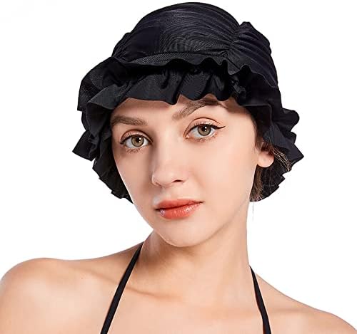 Women Swim Bathing Cap Vintage Elastic Swim Turban Retro Ruffles Swimming Hat Pool Party Ruffles Beanie Cap Non-Waterproof