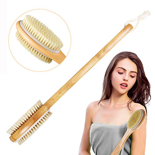 Vextronic Shower Brush, Bath Body Exfoliating Brush with Long Bamboo Handle, Natural Soft and Stiff Bristles for Wet/Dry Brushing, Back Foot Scrubber for Shower Women & Men, Improve Bumpy Skin