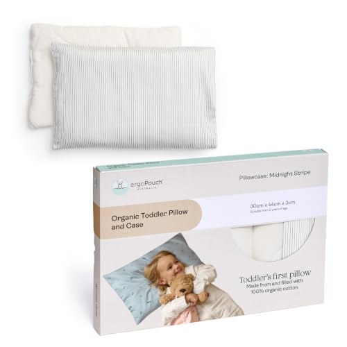 ergoPouch Almohada y funda orgánica para niños pequeños, diseño de perfil bajo de 1 pulgada para una correcta alineación del cuello, algodón suave y duradero, certificado GOTS, lavable a máquina