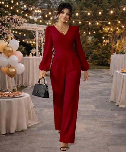 ABKY Jumpsuits for Women Dressy V Neck Long Sleeve Wide Leg Pant Ropmer Party Wedding Cocktail One Piece Outfits with Pockets Burgundy 2XL by ABKY - Used condition - Image 8