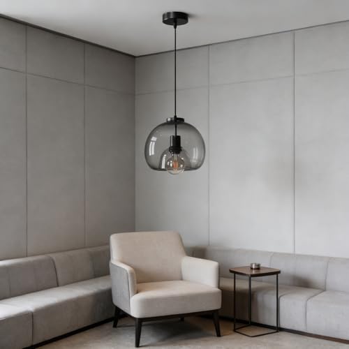 MIXL-Modern Pendant Light Kitchen Island,Smoked Glass Pendant Light Fixture,Black Globe Island...