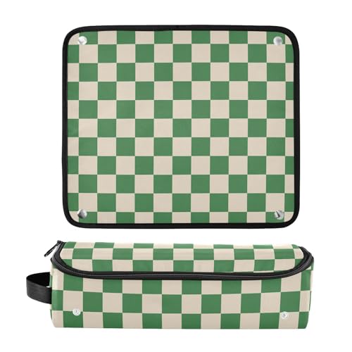 Bolsa de Viaje para Herramientas de Cabello y Alfombrilla Resistente al Calor con Cierre, Organizador para Plancha y Accesorios de Cuidado Capilar, Patrón Cuadrícula Verde Pasto y Beige miniatura 3