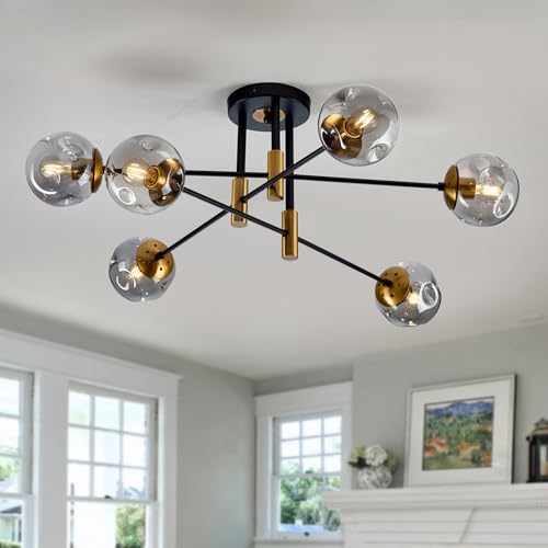 EOPSPYI Modern 6 Light Glass Globe Shade Sputnik Chandelier Black and Gold Semi Flush Mount Ceiling Light Fixture Mid Century Fitting for Living Room Dining Room Bedroom Kitchen Hallway